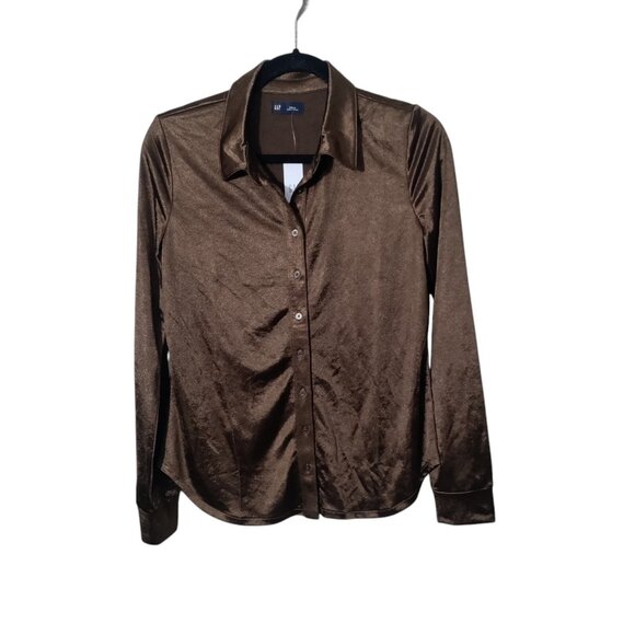 Gap Long Sleeve Button Front Blouse Metallic Brown Size Small New - Picture 1 of 9